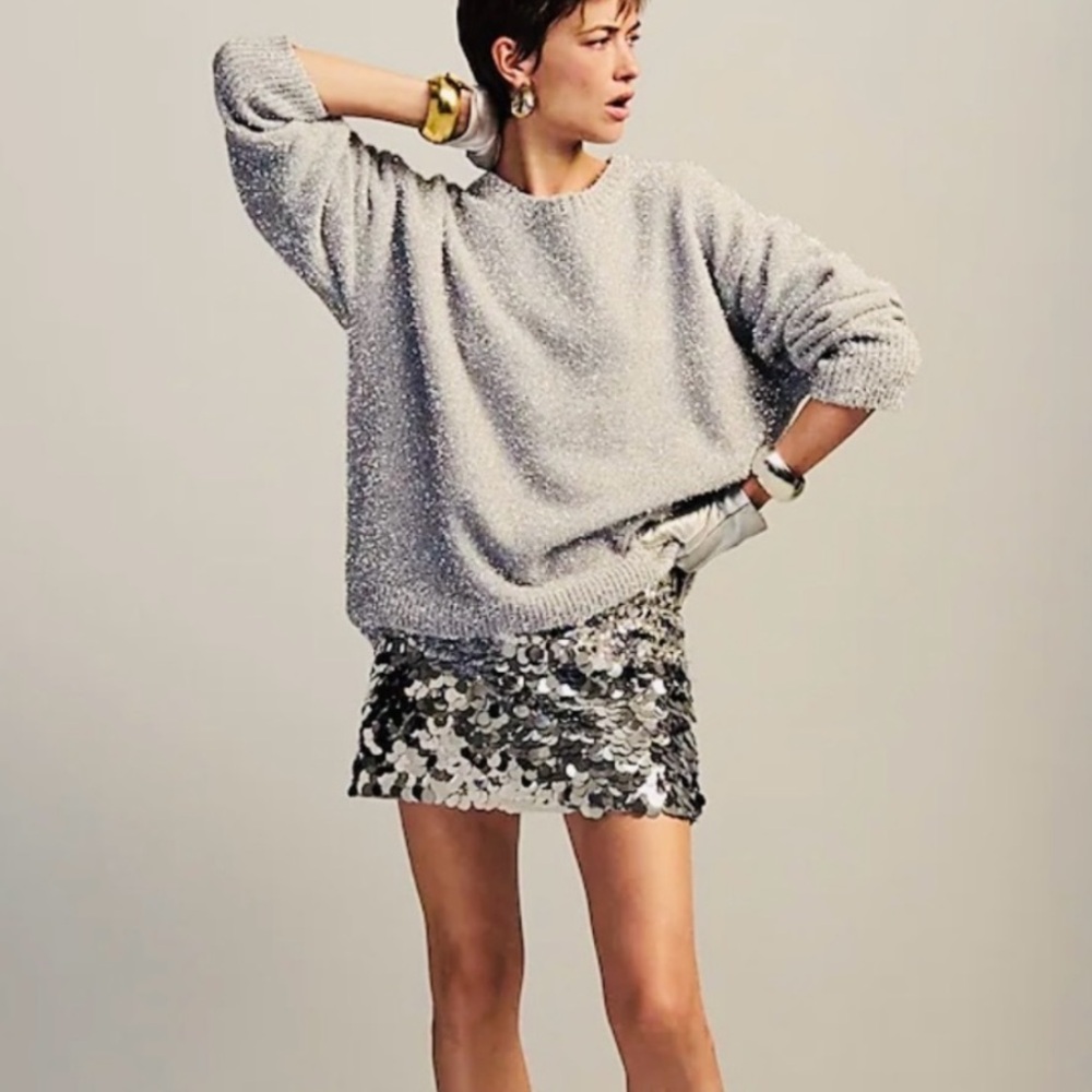 J. Crew Relaxed Crewneck Sweater in Silver Metallic Brushed Yarn Womens Size S